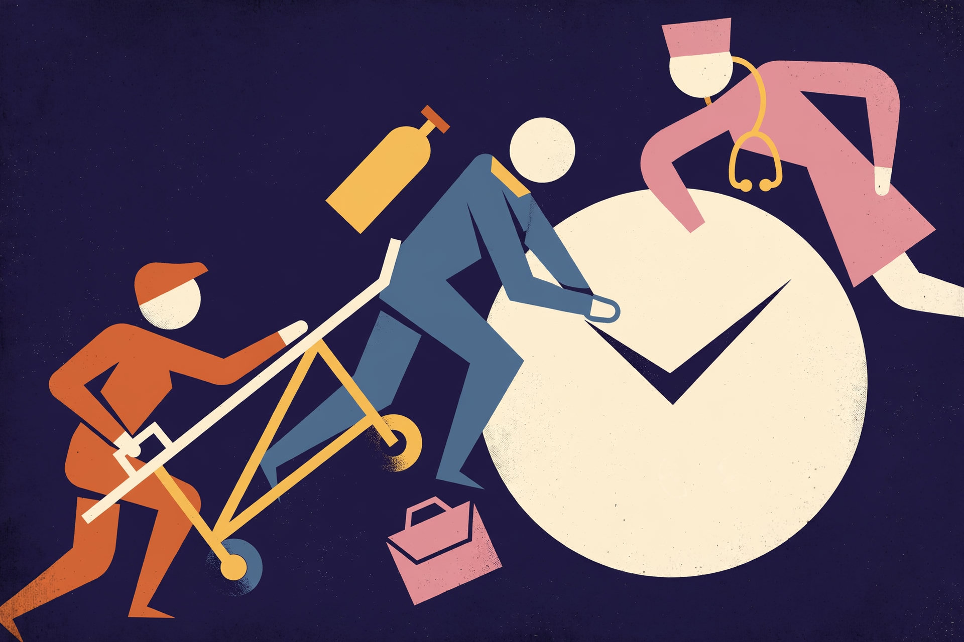 Mid-century poster artwork: a resuscitation team in motion around a large clock face